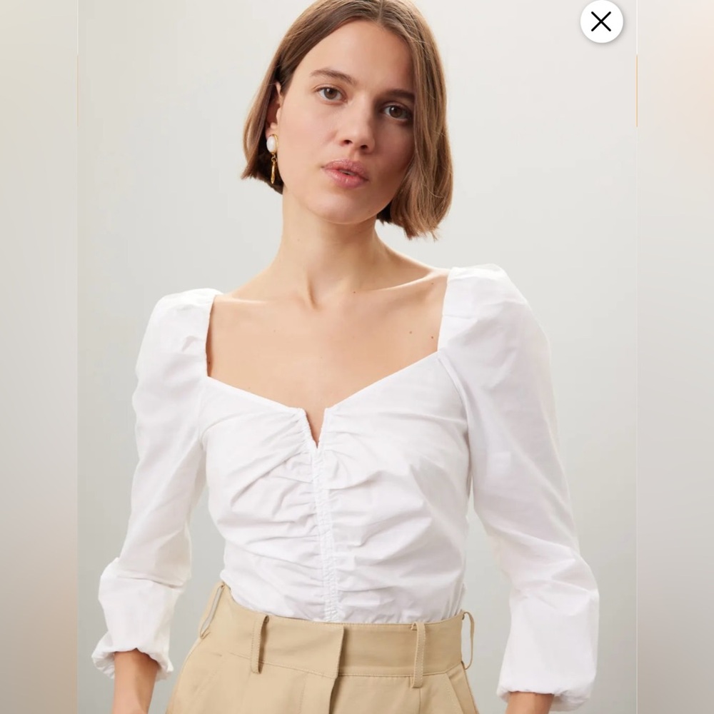 Veronica Beard Cream Ruched Fitted Long Sleeve Blouse